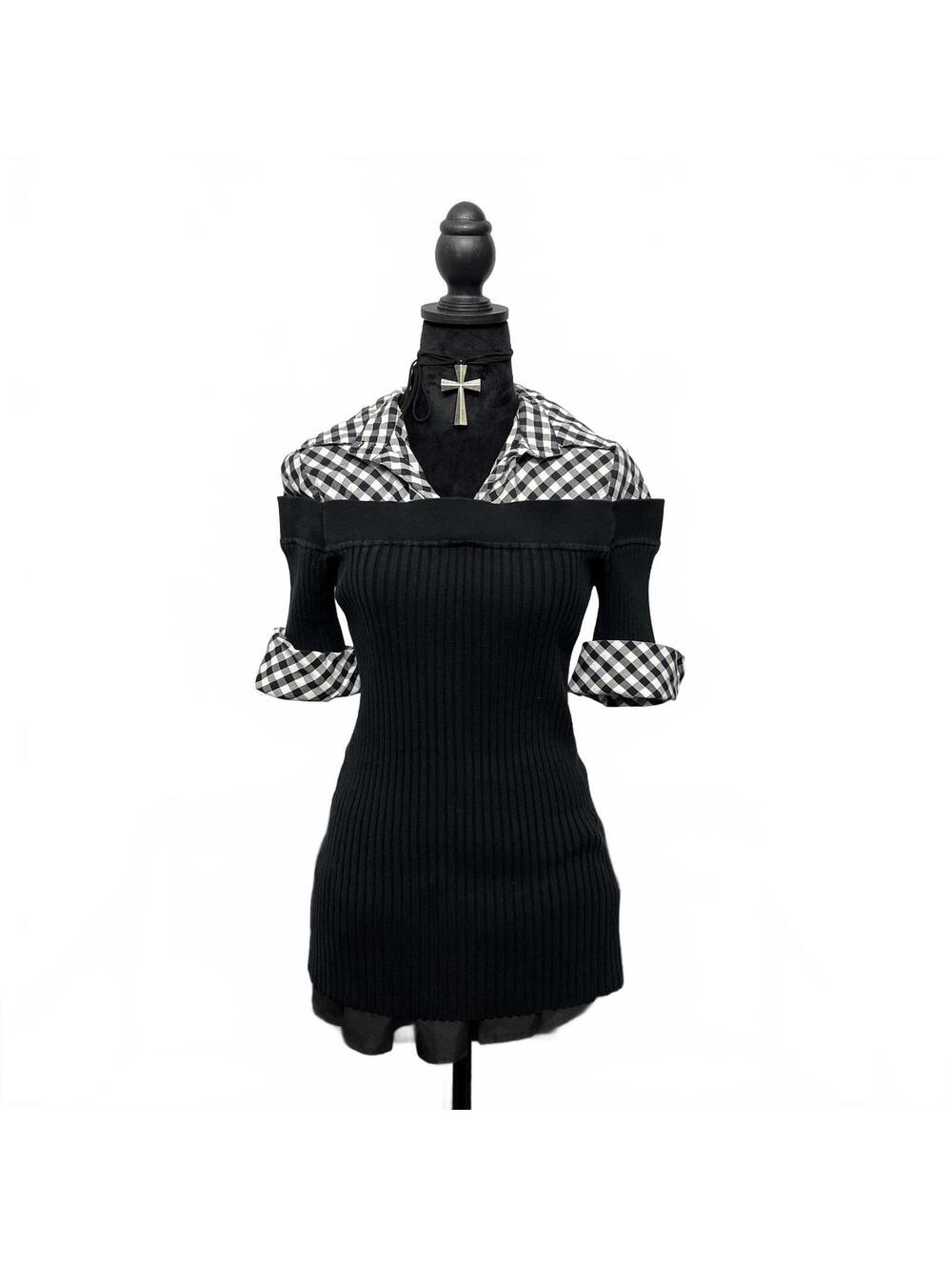 Y2K Tracy M. Sz XL Black Ribbed Top With Gingham Layered Blouse Dark Academia